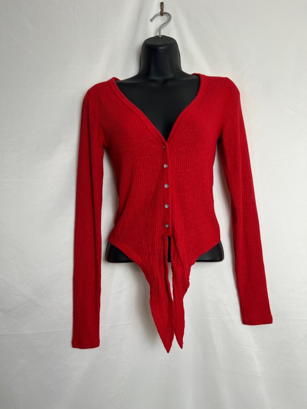 Abercrombie & Fitch Red Ribbed Button-Front Tie-Hem Cardigan